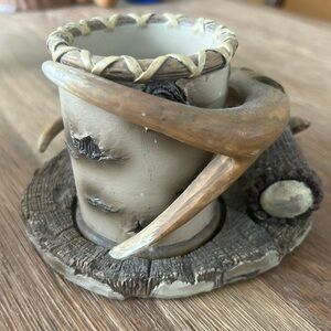 Deer antler toothbrush plate with cup holder and cup/candle holder